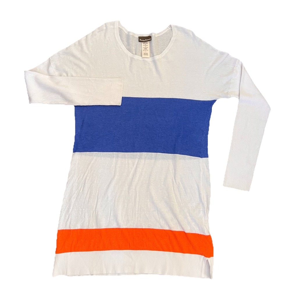 Tommy Bahama White Color Block Long Sleeve Beach Sweater Large Costal Beach Wear